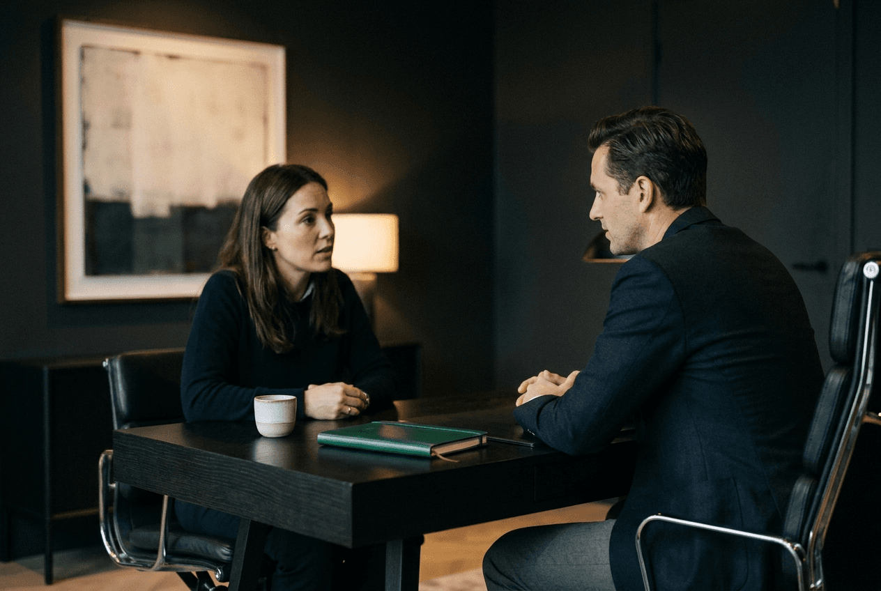One-on-one coaching consultation at a minimal desk in a refined interior