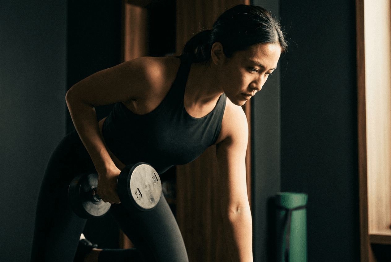 Focused strength training with a dumbbell in a dark, minimal studio